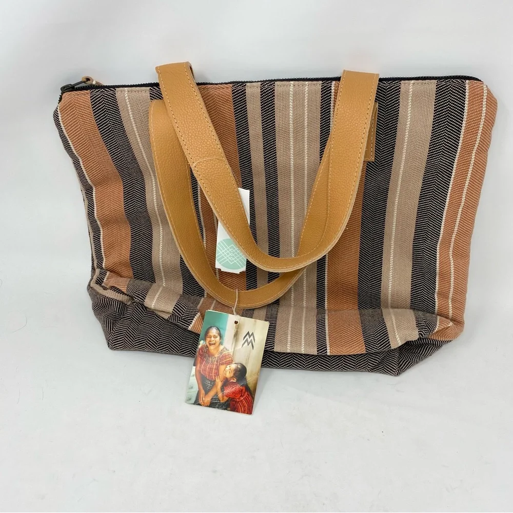 NWT Mercado Global Angela Tote Tan Canvas Leather Straps Chevron Pattern